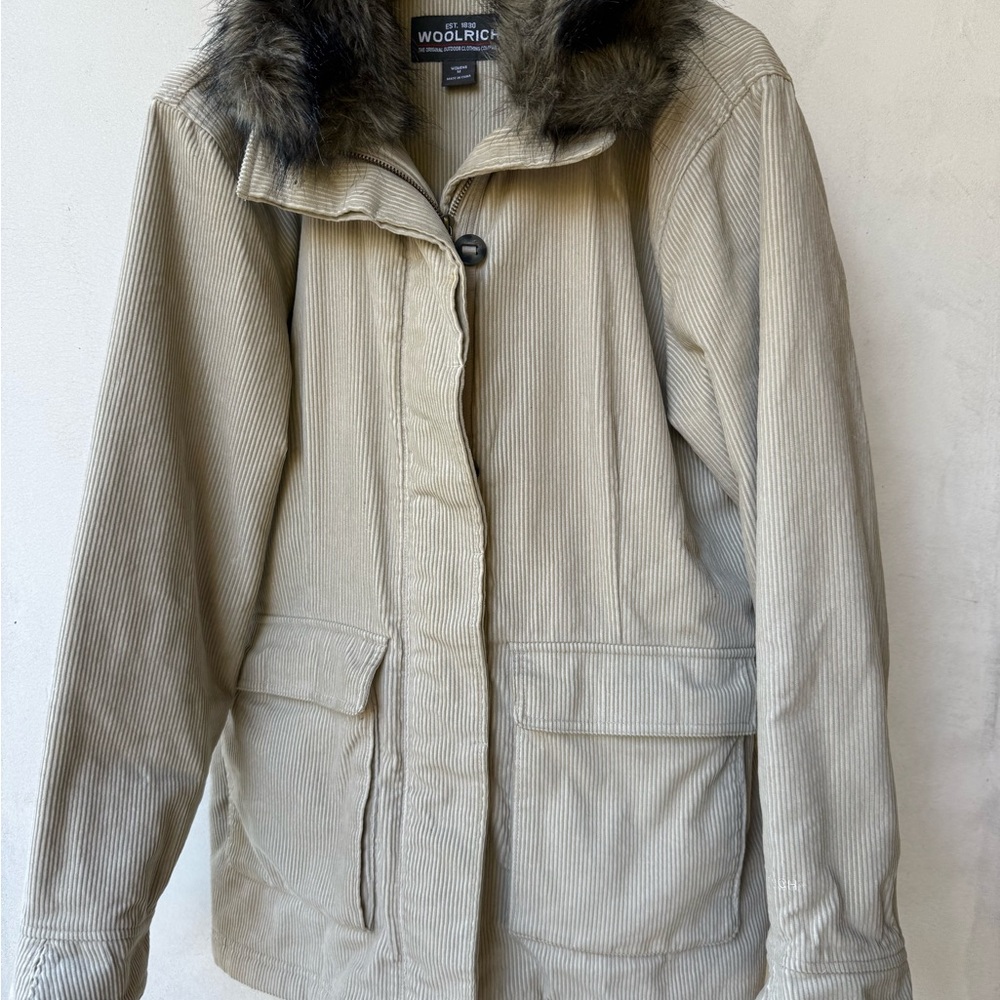 Woolrich Women's Coat Parka quilted insulation corduroy parka Faux Fur beige M L